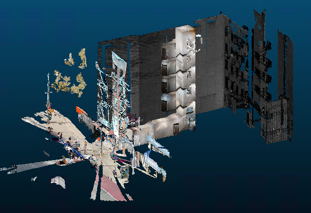 Point cloud view of a building captured for Second Avenue Subway Phase 2 existing-condition verification.